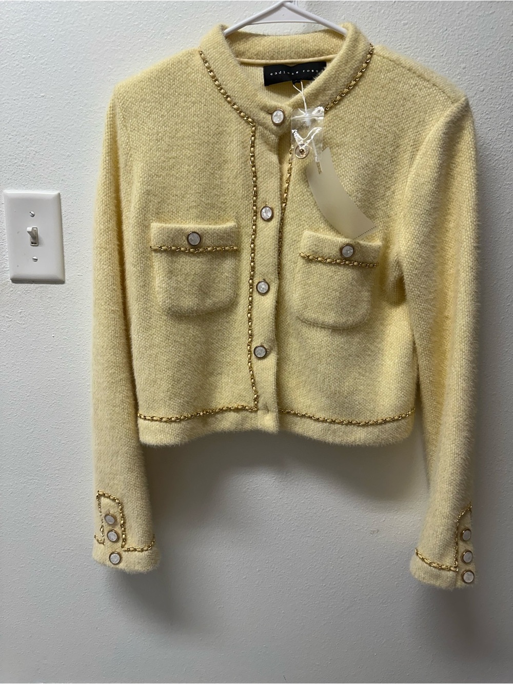Endless Rose Pale Yellow Chain-Trim Cropped Cardigan